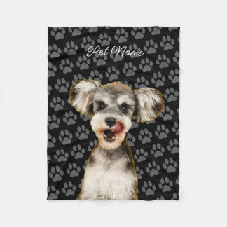 Custom Dog Cat Portrait Pet Photo Paw Name Black Fleece Blanket