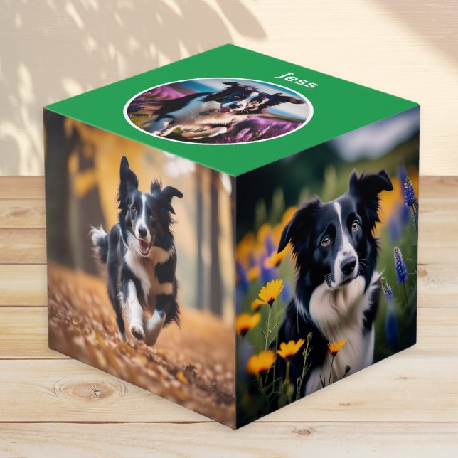 Custom Dog Lover Gift Green Name Multi Photo Cube (A personalized photo block, featuring your favorite photos of your dog and your pet's name)