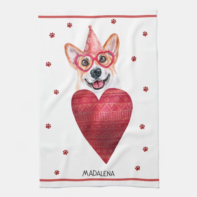 Custom Dog Lover Valentine Gift Corgi Kitchen Towel (Vertical)