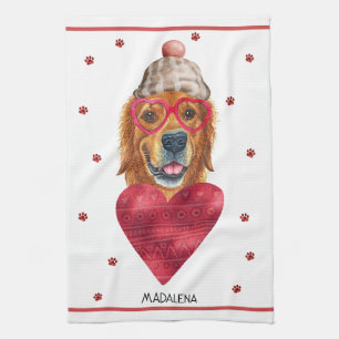Custom Dog Lover Valentine Gift Golden Retriever Kitchen Towel