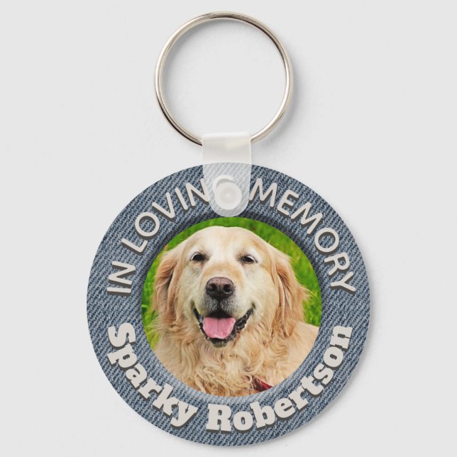 Custom Dog Memorial Blue Jean Background Keychain (Front)