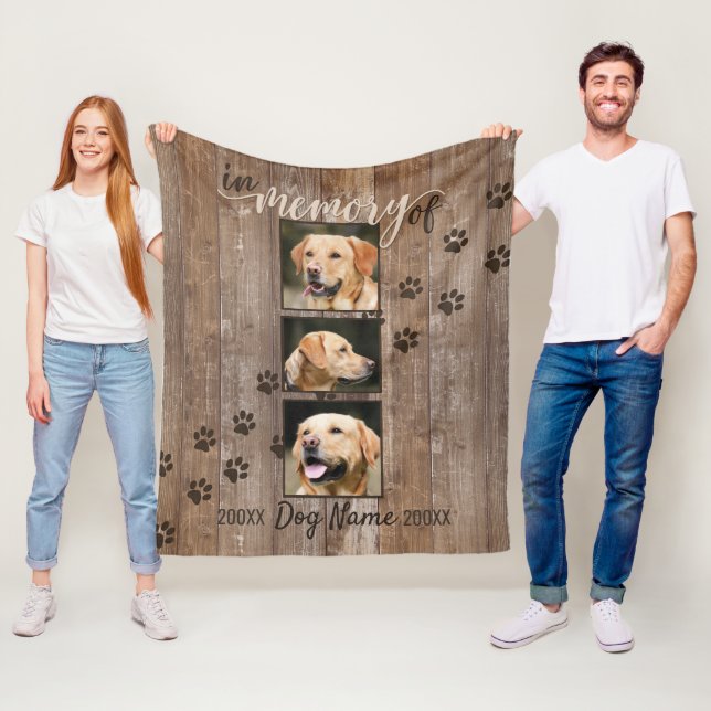 Custom Dog Memorial Rustic Wood Look Fleece Blanket (In Situ)