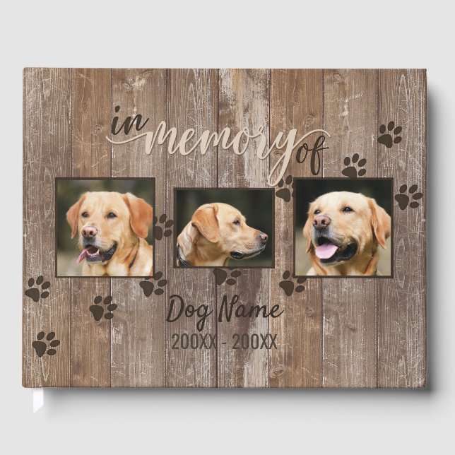 Custom Dog Memorial Rustic Wood Look Remembrance Guest Book (Front)