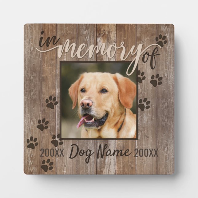 Custom Dog Memorial Rustic Wood Look Square Plaque (Front)