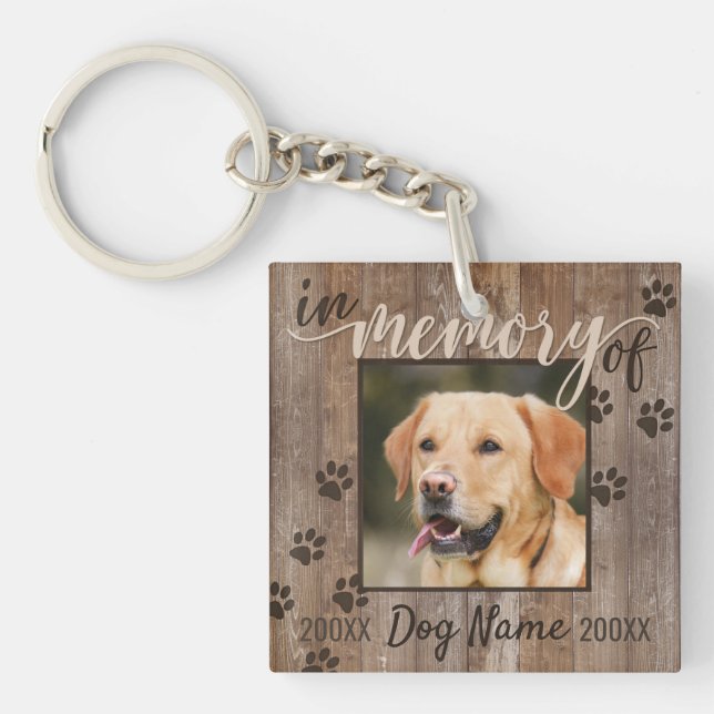 Custom Dog Memorial Rustic Wood Look Sympathy Keychain (Front)