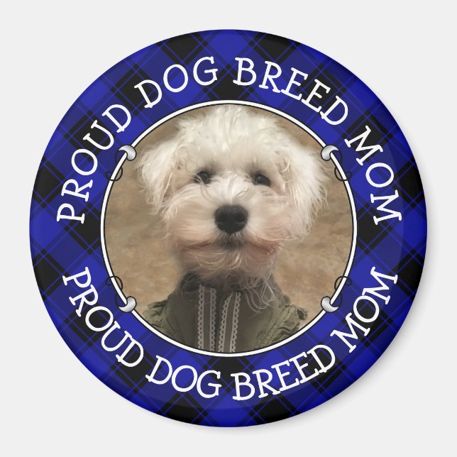 Custom Dog Mom Dad Photo Frame Blue & Black Plaid Magnet (Front)