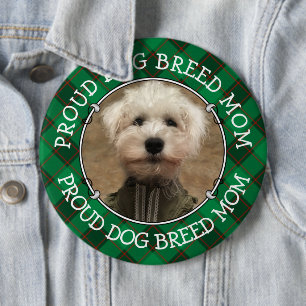 Custom Dog Mom Dad Photo Frame Red & Green Plaid 6 Inch Round Button
