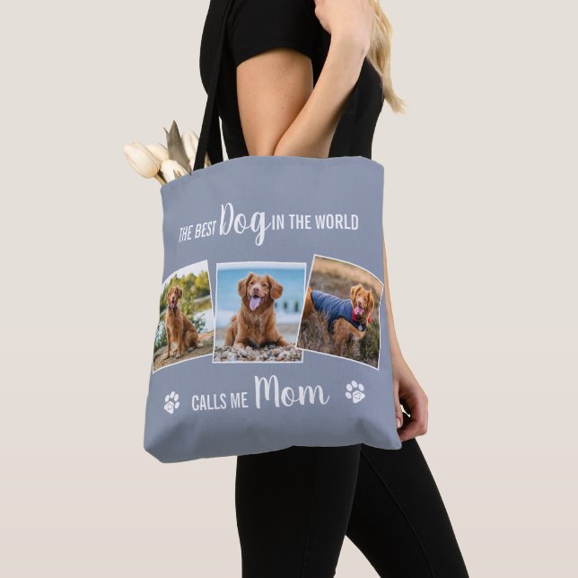 Custom Dog Mom Grey Photo Collage Tote Bag (Close Up)
