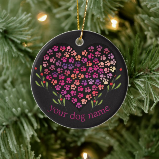 Custom Dog Name, Dogs Paw Heart Leaves Ceramic Ornament (Tree)