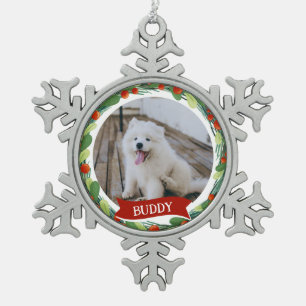 Custom Dog Name Photo Snowflake Pewter Christmas Ornament