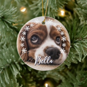 Custom Dog Name Photo Snowflakes Christmas  Ceramic Ornament