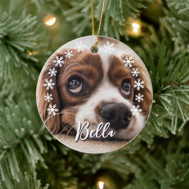 Custom Dog Name Photo Snowflakes Christmas  Ceramic Ornament (Tree)