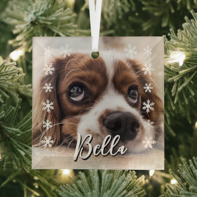 Custom Dog Name Photo Snowflakes Christmas  Glass Ornament (Insitu)