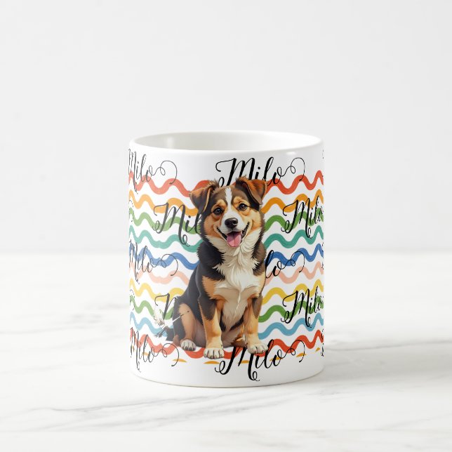 Custom Dog Name Retro Colourful Waves Personalized Coffee Mug (Center)