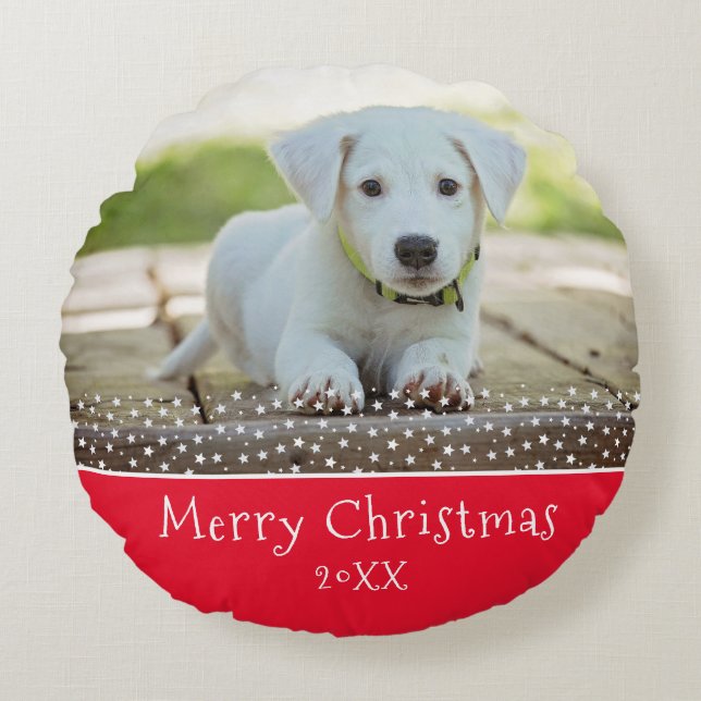 Custom Dog Pet Photo Christmas Holiday Keepsake  Round Pillow (Front)