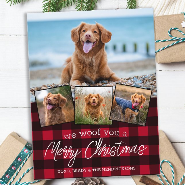 Custom Dog Pet Photo Collage Red Buffalo Plaid Holiday Postcard (Creator Uploaded)