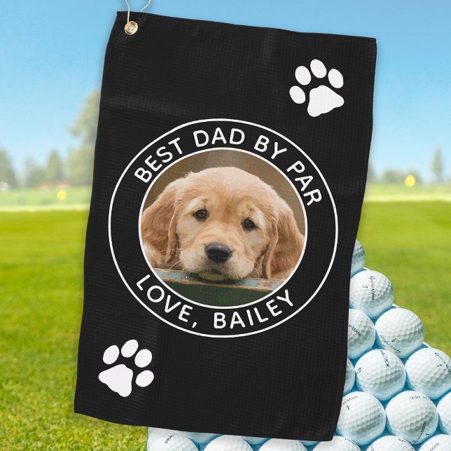 Custom Dog Photo Best Dad By Par Black White Golf Towel (Creator Uploaded)