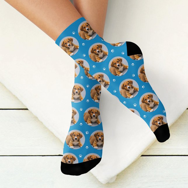 Custom Dog Photo Blue Paw Print Socks (Creator Uploaded)