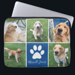 Custom Dog Photo Collage Blue Pet Paw Print Cute Laptop Sleeve<br><div class="desc">This beautiful custom dog photo collage laptop sleeve is personalized with adorable pictures of your sweet pup. Customize this chic gift with your favourite 5 pet photographs around a cute blue square with a pretty white paw print and your dog's name in the centre.</div>