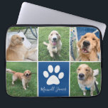 Custom Dog Photo Collage Blue Pet Paw Print Cute Laptop Sleeve<br><div class="desc">This beautiful custom dog photo collage laptop sleeve is personalized with adorable pictures of your sweet pup. Customize this chic gift with your favourite 5 pet photographs around a cute blue square with a pretty white paw print and your dog's name in the centre.</div>