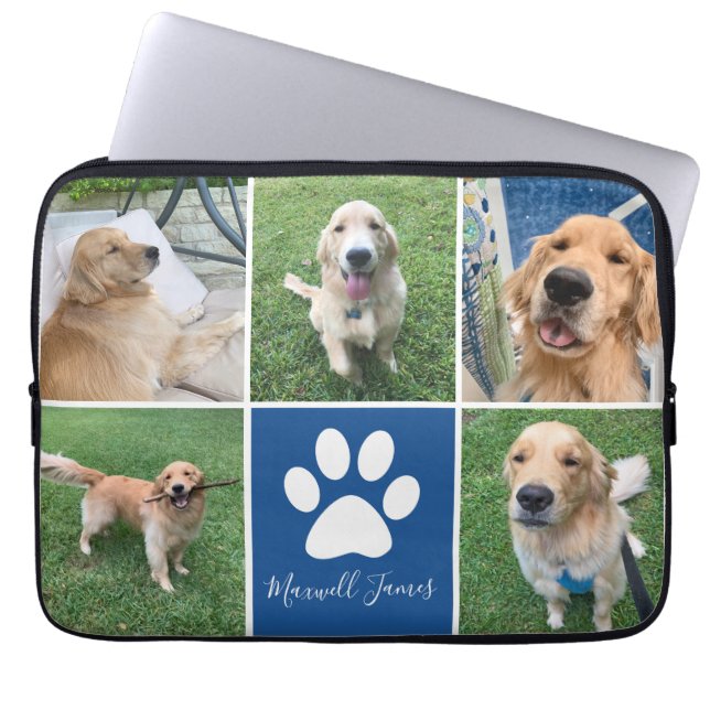 Custom Dog Photo Collage Blue Pet Paw Print Cute Laptop Sleeve (Front)