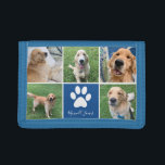 Custom Dog Photo Collage Blue Pet Paw Print Cute Trifold Wallet<br><div class="desc">This beautiful custom dog photo collage wallet  is personalized with adorable pictures of your sweet pup. Customize this personalized gift with your favourite 5 pet photographs around a cute blue square with a pretty white paw print and your dog's name in the centre.</div>