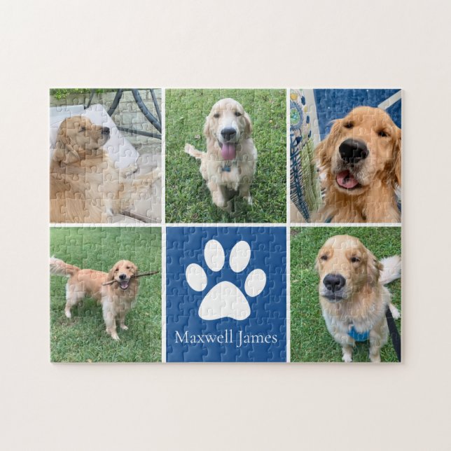 Custom Dog Photo Collage Pet Paw Print Cute Blue Jigsaw Puzzle (Horizontal)