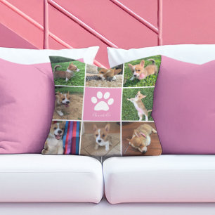 Custom Dog Photo Collage Pink Paw Print Throw Pillow