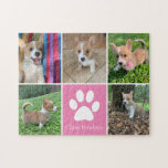 Custom Dog Photo Collage Pretty Pink Pet Paw Print Jigsaw Puzzle<br><div class="desc">This beautiful puppy pet photo puzzle is personalized with adorable pictures of your sweet girl dog. Customize this chic gift with your own custom pup photographs around a pretty pink square with a cute white paw print and your dog's name in the centre.</div>