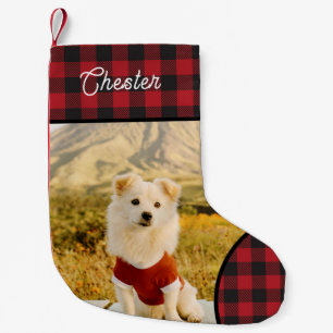 Custom Dog Photo & Name Buffalo Plaid Small Christmas Stocking
