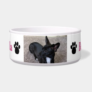 Custom Dog Photo Name Paw Prints Pink Bowl