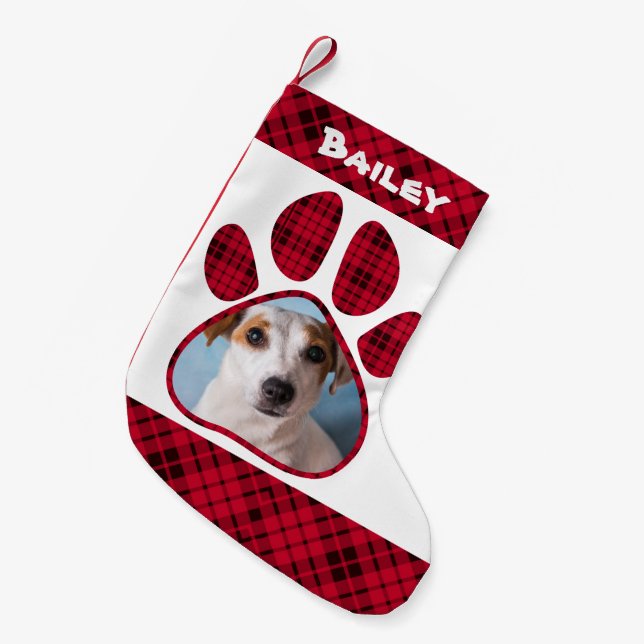 Custom Dog Photo & Name, Pet Paw Red Buffalo Small Christmas Stocking (Front (Hanging))