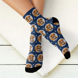 Custom Dog Photo Navy Blue Paw Print Socks<br><div class="desc">Show your love for your puppy dog or cat with these fun and cozy custom-printed socks! Our premium crew socks feature a pattern of your favourite pet photo along with small white paw prints. Create your own by simply adding your picture to the round placeholder image. Makes a great gift...</div>