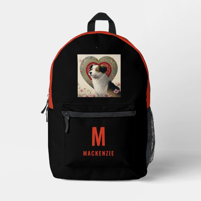 Custom Dog Photo Orange Monogram Personalized Printed Backpack (Front)