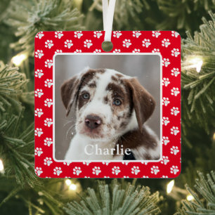 Custom Dog Photo Pet Name Paw Prints Metal Ornament