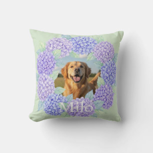 Custom Dog Photo Purple Hydrangea Wreath Throw Pillow