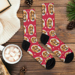 Custom Dog Photo Red Paw Print Socks<br><div class="desc">Show your love for your puppy dog or cat with these fun and cozy custom-printed socks! Our premium crew socks feature a pattern of your favourite pet photo along with small white paw prints. Create your own by simply adding your picture to the round placeholder image. Makes a great gift...</div>