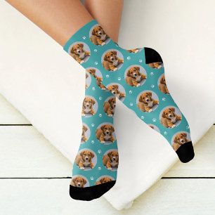 Custom Dog Photo Teal Blue Paw Print Socks