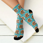 Custom Dog Photo Teal Blue Paw Print Socks<br><div class="desc">Show your love for your puppy dog or cat with these fun and cozy custom-printed socks! Our premium crew socks feature a pattern of your favourite pet photo along with small white paw prints. Create your own by simply adding your picture to the round placeholder image. Makes a great gift...</div>
