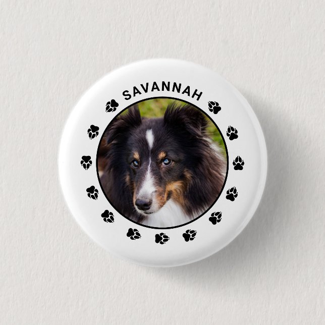 Custom Dog Photo Template With Paws & Text 1 Inch Round Button (Front)