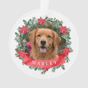 Custom Dog Photo with Name Poinsettia Wreath Ornament