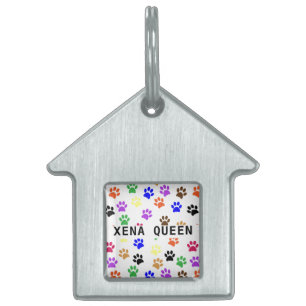 Custom Dog's Name Colourful Paw Print Framed House Pet ID Tag