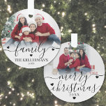 Custom Double Sided Family Two Photo Christmas Ornament<br><div class="desc">Family Christmas Photo Ornament. Celebrate the joy of the season with this elegant, custom acrylic ornament featuring your favorite photos. The front displays the word “family” in flowing script across the top, with your family name below in a timeless serif font for a personal touch. The back includes space for...</div>