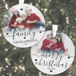 Custom Double Sided Family Two Photo Christmas Ornament<br><div class="desc">Family Christmas Photo Ornament. Celebrate the joy of the season with this elegant, custom ornament featuring your favourite photos. The front displays the word “family” in flowing script across the top, with your family name below in a timeless serif font for a personal touch. The back includes space for a...</div>