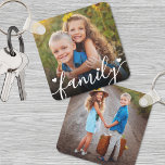 Custom Double Sided Two Photo Keychain<br><div class="desc">Create a custom keepsake with this personalized family or kids photo keychain, now featuring a sweet new design on the front. The layout includes space for one favourite photo with the word "family" written across the bottom in a flowing script font, accented by a few small heart details. A subtle...</div>