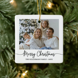 Custom Double Sided Two Photo Merry Christmas Ceramic Ornament