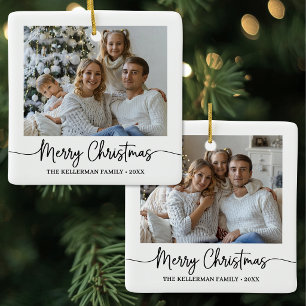 Custom Double Sided Two Photo Merry Christmas Ceramic Ornament