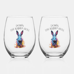 Custom Down the Rabbit Hole Blue Bunny Stemless Wine Glass