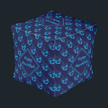 Custom Dreidel Hanukkah Pouf<br><div class="desc">Stylish midnight navy blue CUBE POUF to celebrate HANUKKAH. Navy and cyan blue colour theme with all over cyan DREIDEL print. There is customizable placeholder text on the front which says HANUKKAH BLESSINGS so you can personalize with your own greeting and/or name (of similar length). Matching home decor and other...</div>