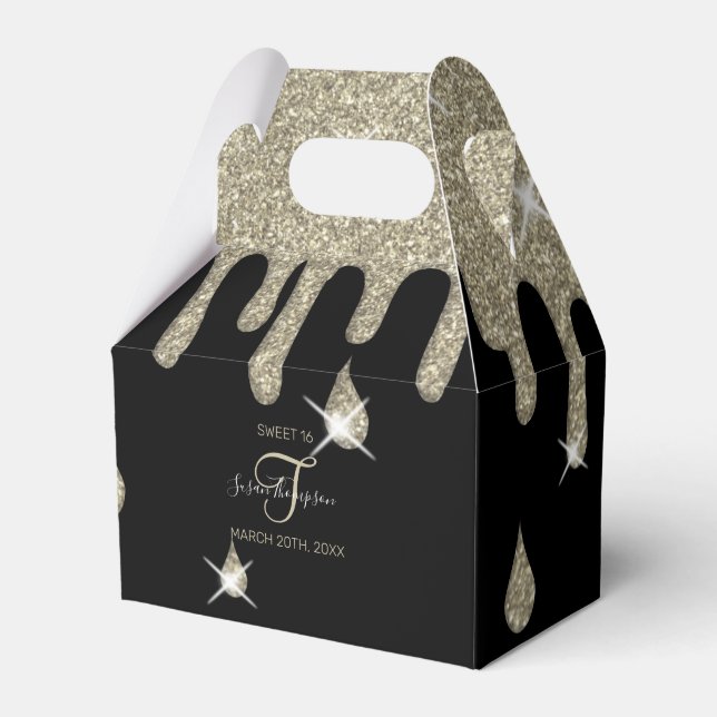 Custom Drip Silver Glitter Effect Sparkle Birthday Favor Box (Front Side)